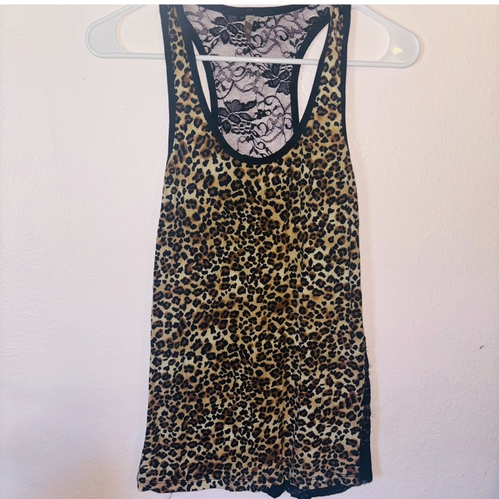 Heart Hips Leopard Print Lace Racerback Tank Top Size S Rose Graphic Back